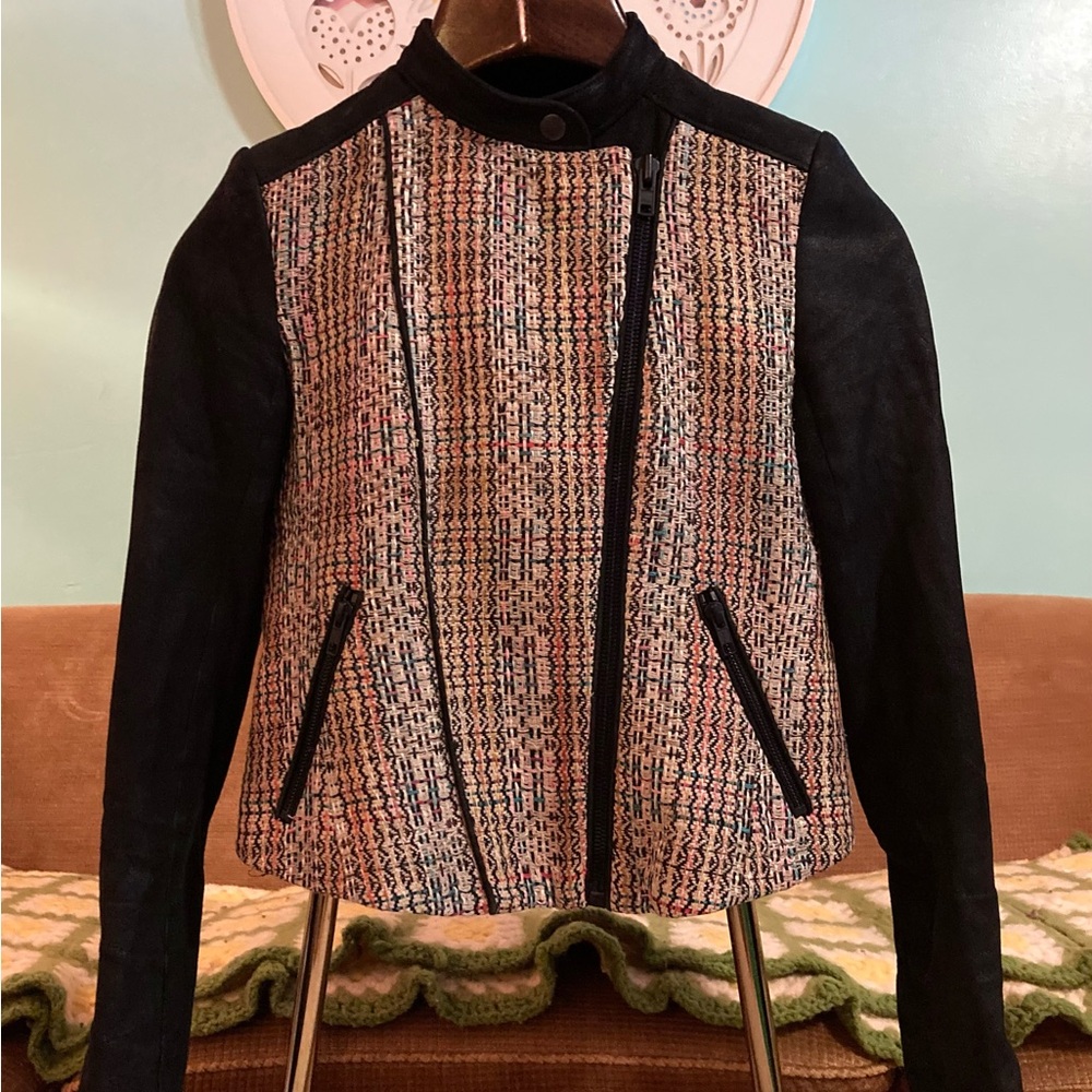 Theory Scheli Silk Tweed Goat Suede LeatherJacket Black Chromatic